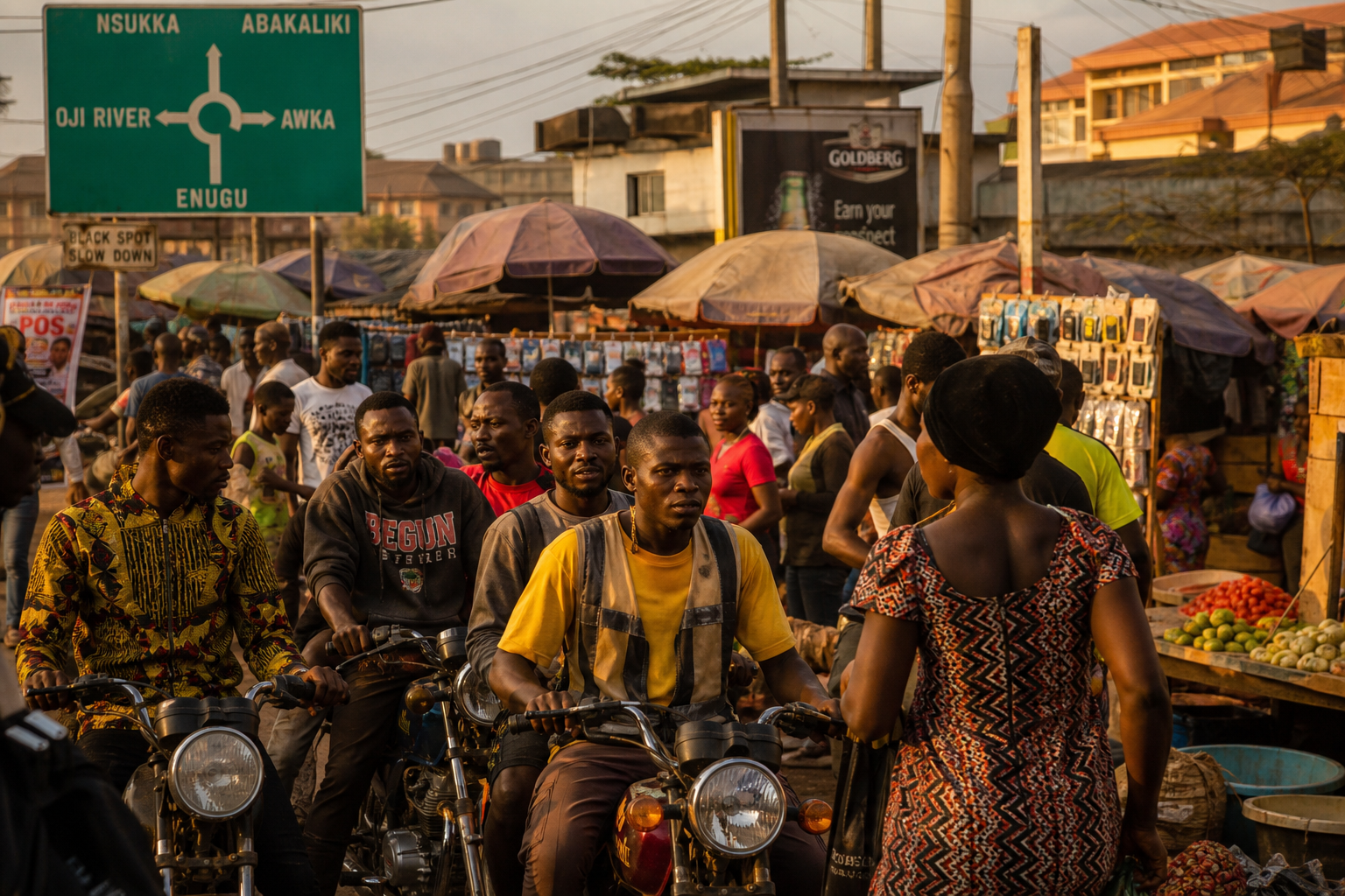 A bustling Enugu street market at golden hour