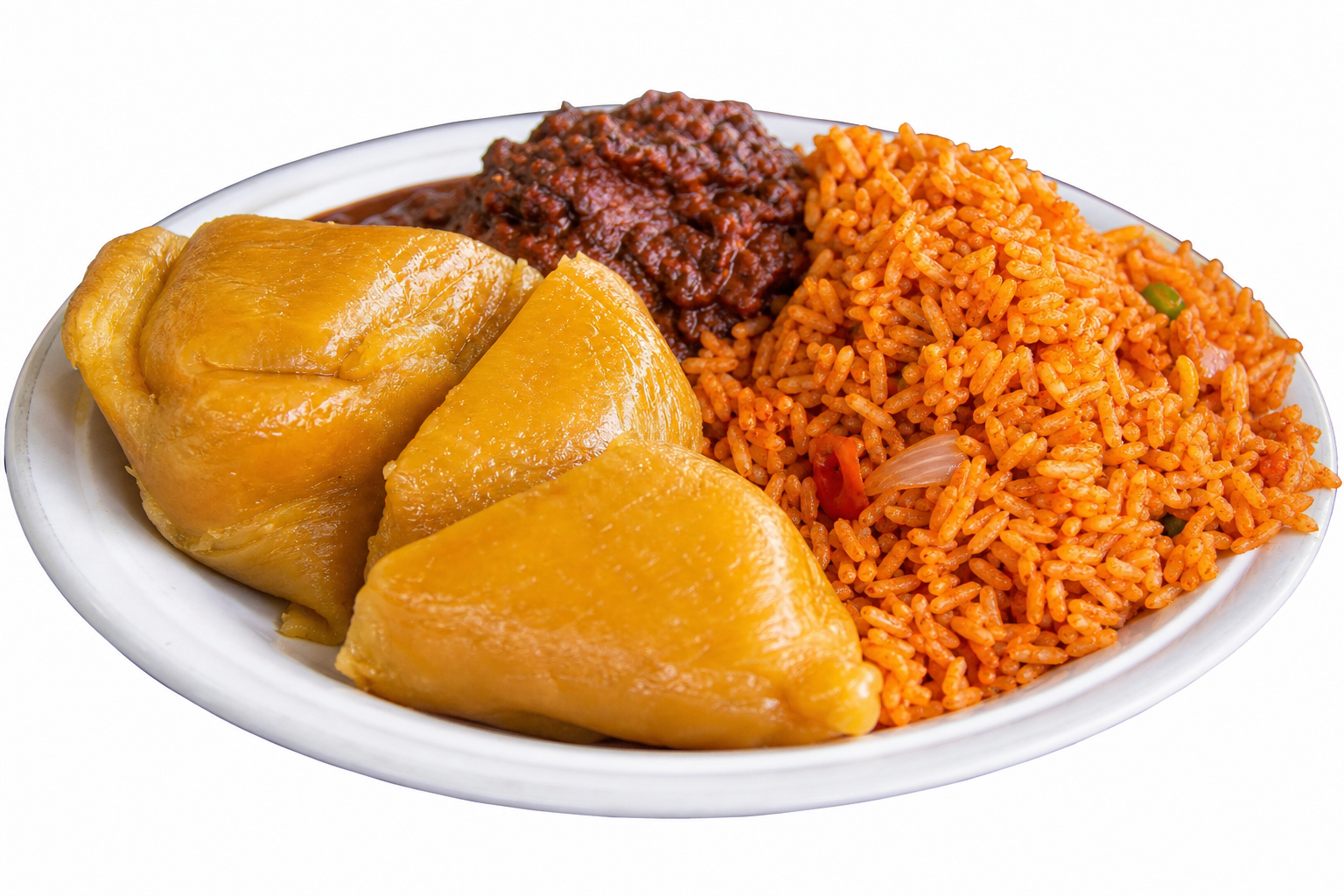 Steaming plates of okpa and jollof rice at an Enugu street food stall