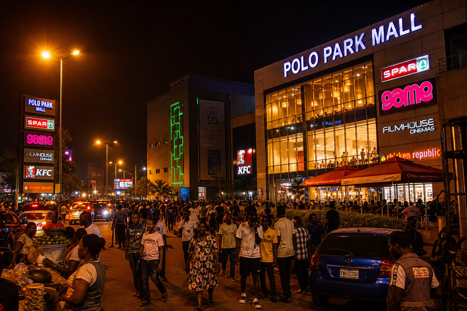 Polo Park area at night with neon signs and crowds