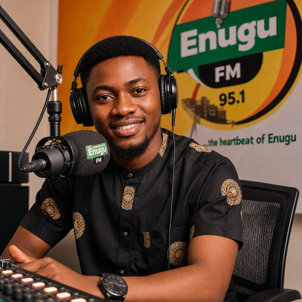 Radio presenter in an Enugu studio