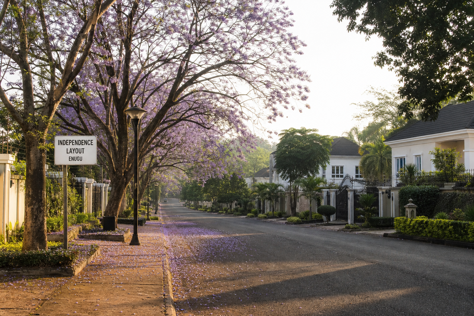 Quiet jacaranda-lined street in Independence Layout, Enugu