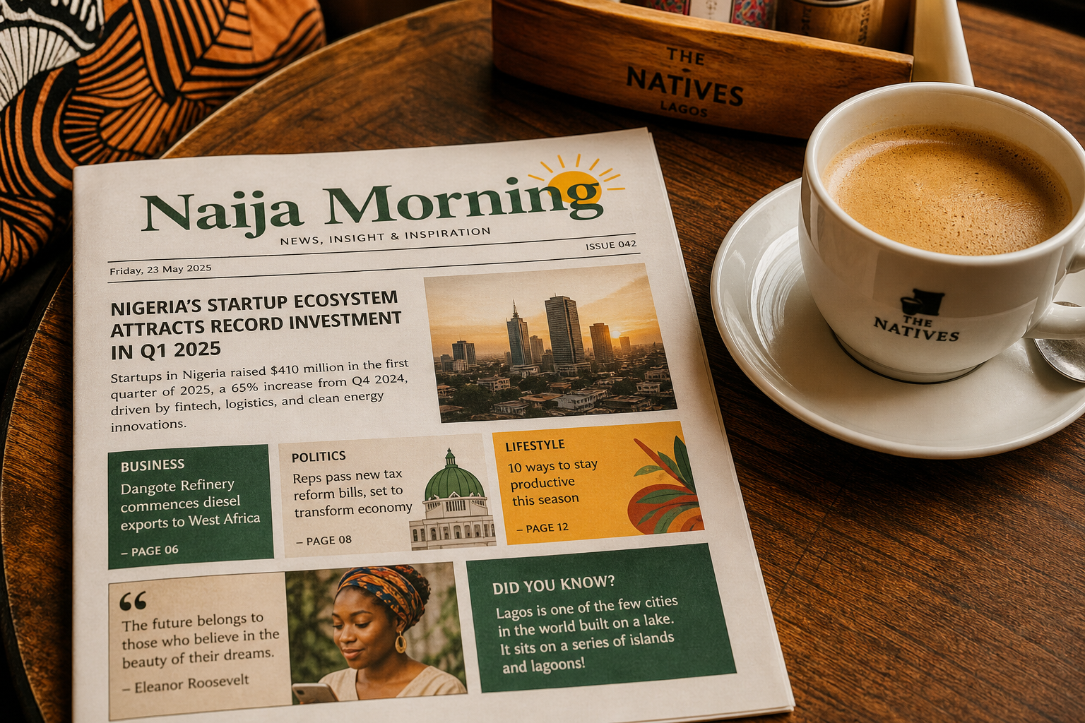 A printed MeetEnugu newsletter and coffee on a café table